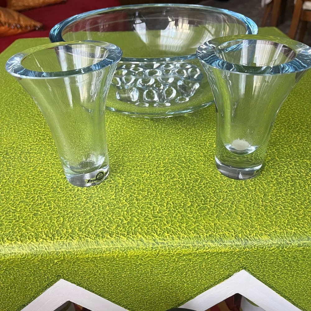 Stromberg Shyttan blue bubble bottom bowl and candle holders.